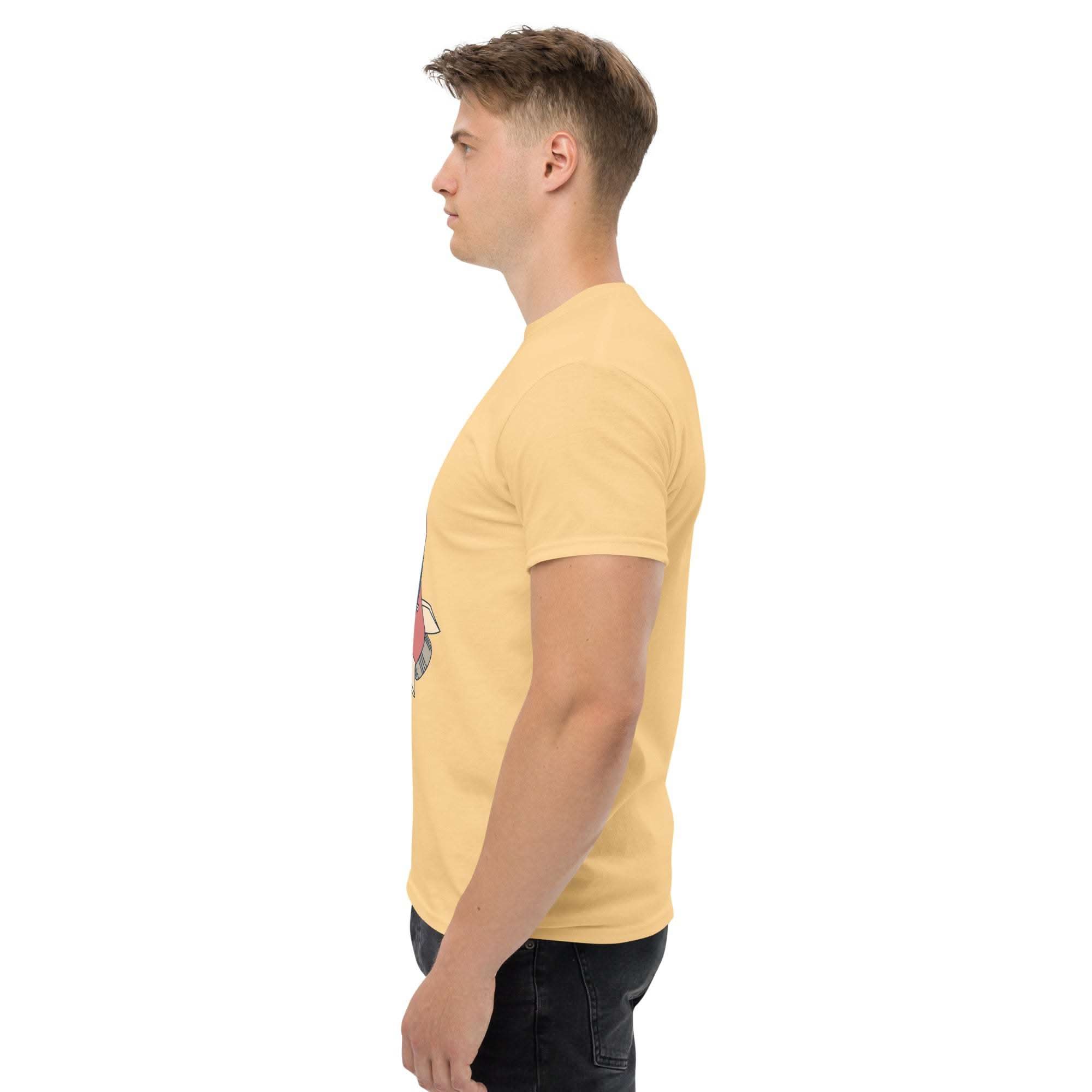 Side view of a man wearing a yellow Rocket Ride T-Shirt with retro cartoon astronaut design