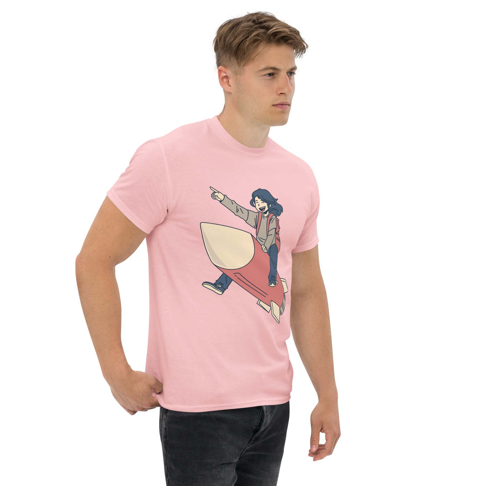 Man wearing pink Rocket Ride T-Shirt with retro cartoon space adventure graphic