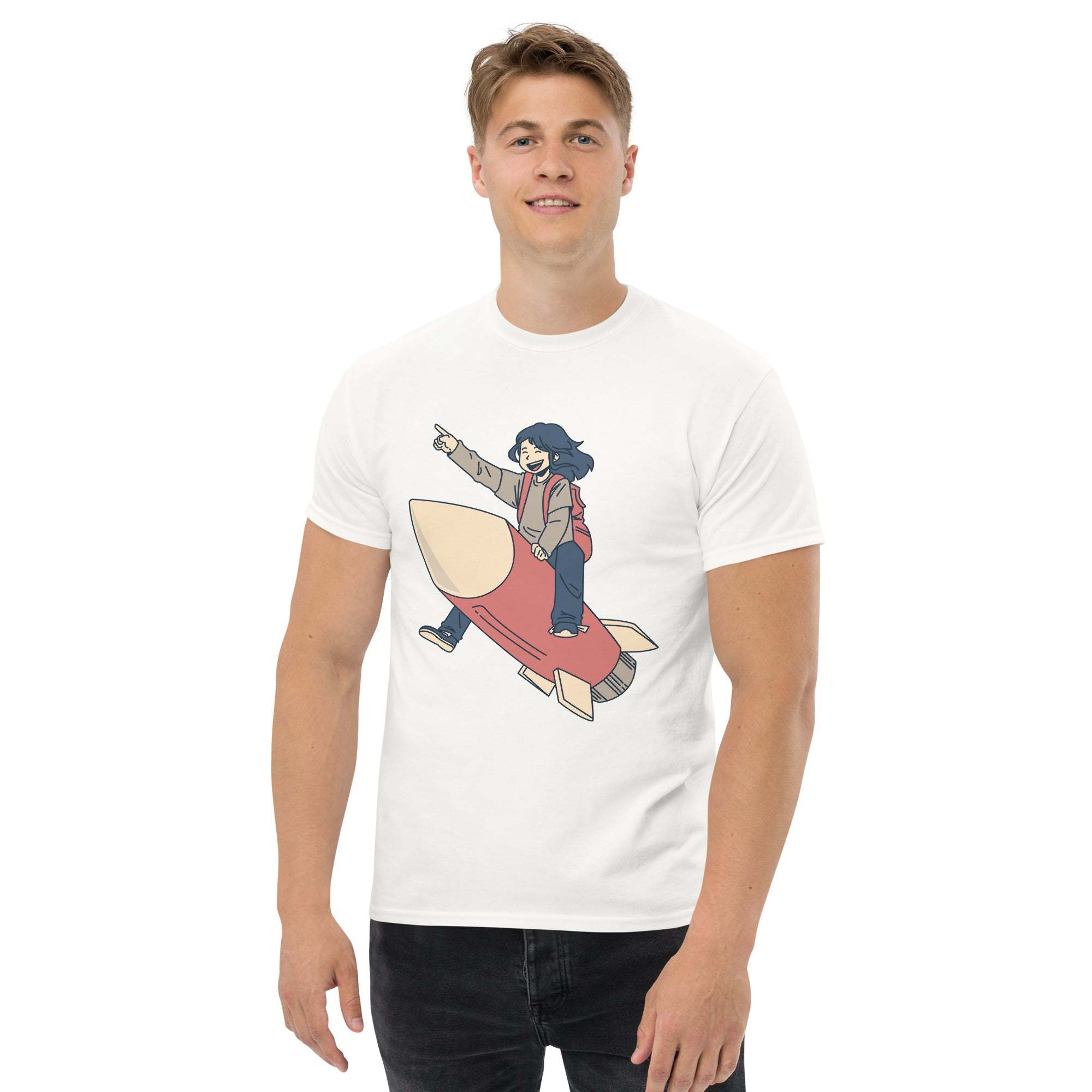 White Rocket Ride T-Shirt with retro cartoon astronaut riding a red rocket graphic, unisex fit.