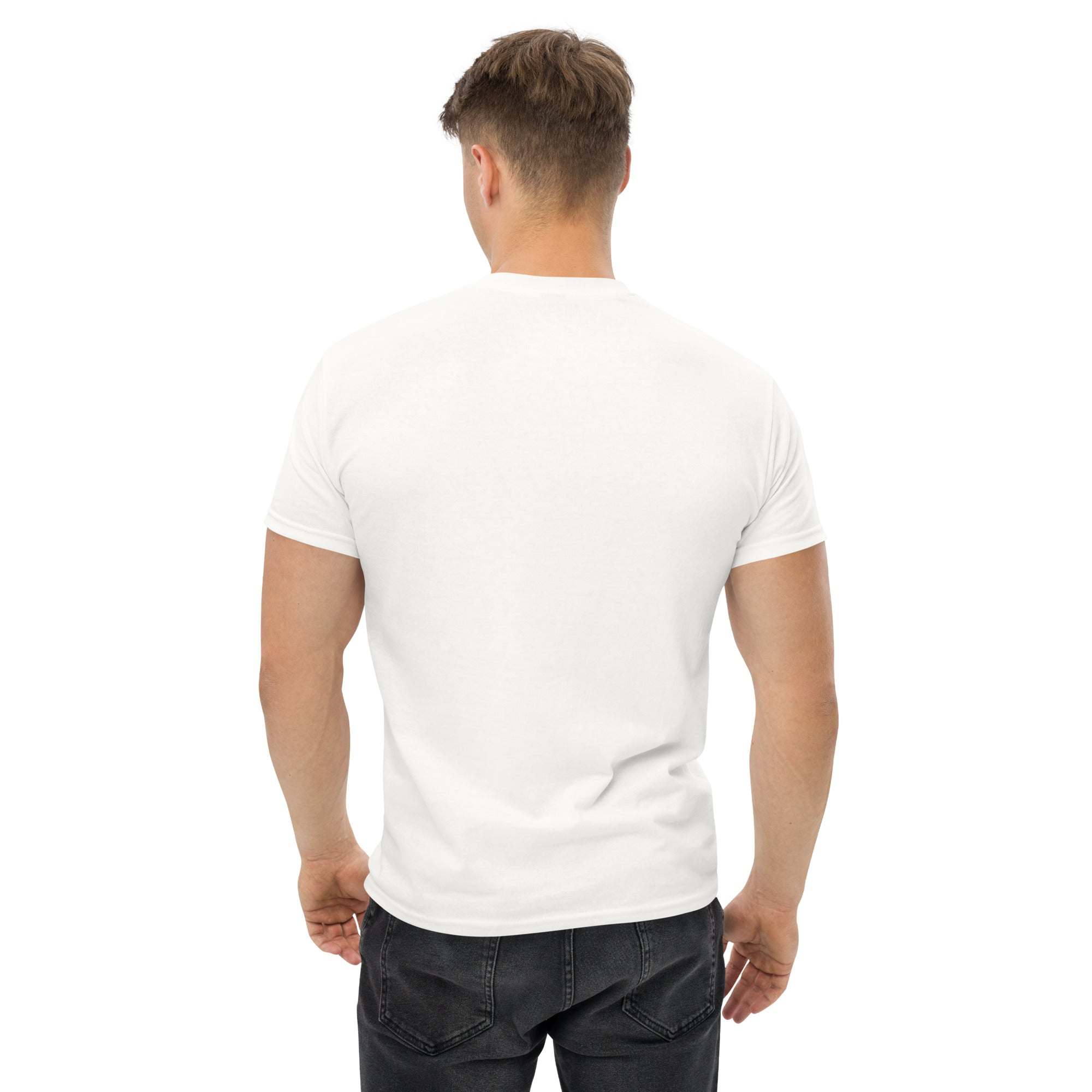 Back view of man wearing plain white Rocket Ride T-Shirt in unisex fit with short sleeves and crew neck