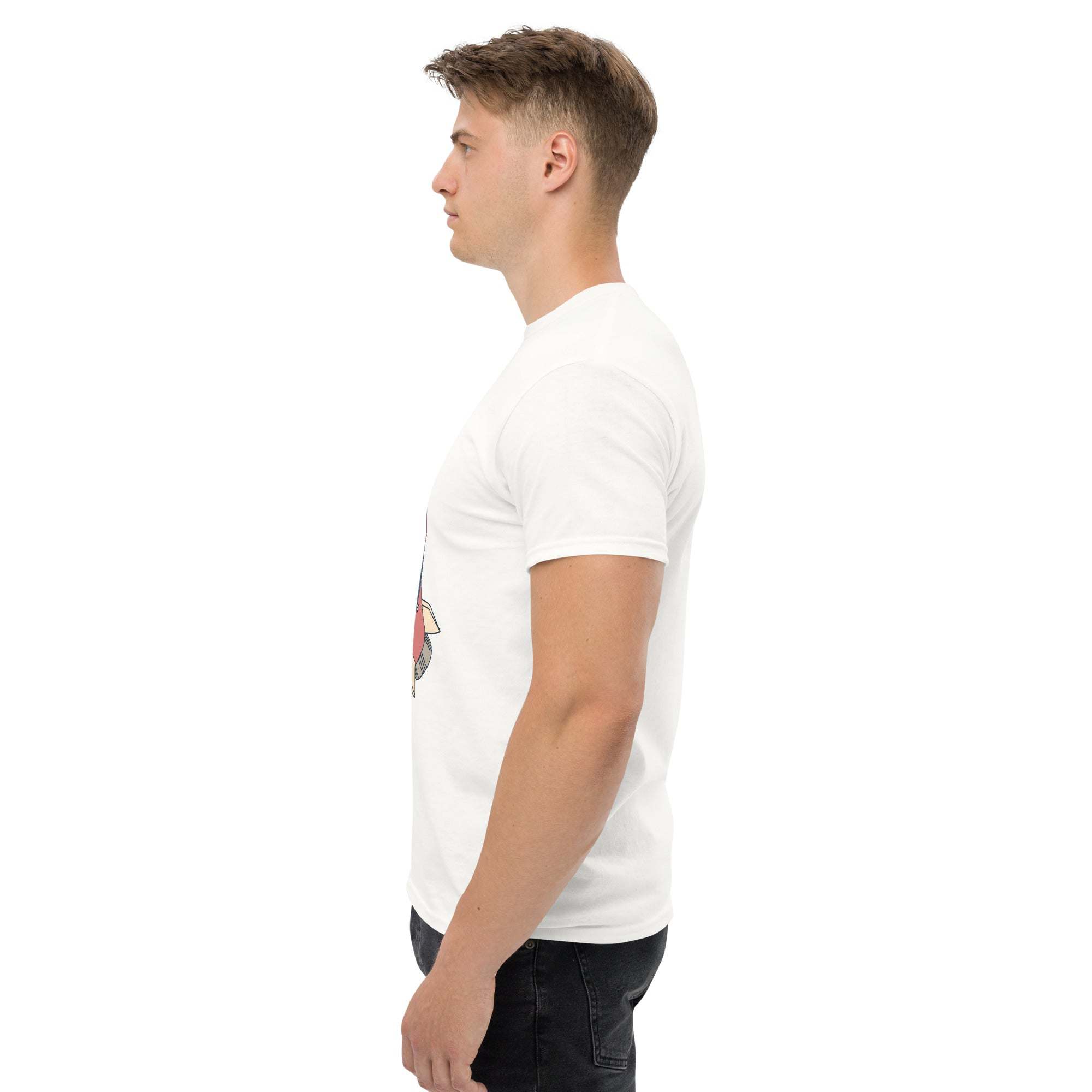Side view of a man wearing a white Rocket Ride T-Shirt with retro cartoon astronaut graphic and unisex fit