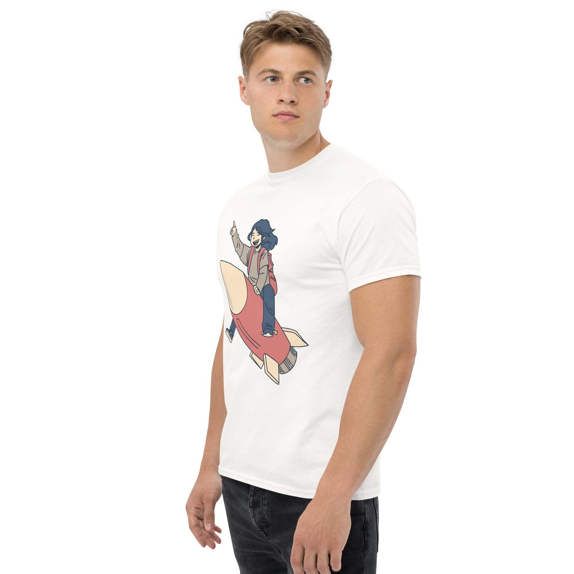 Young man wearing white Rocket Ride T-Shirt with retro cartoon rocket graphic, unisex sci-fi anime style space tee