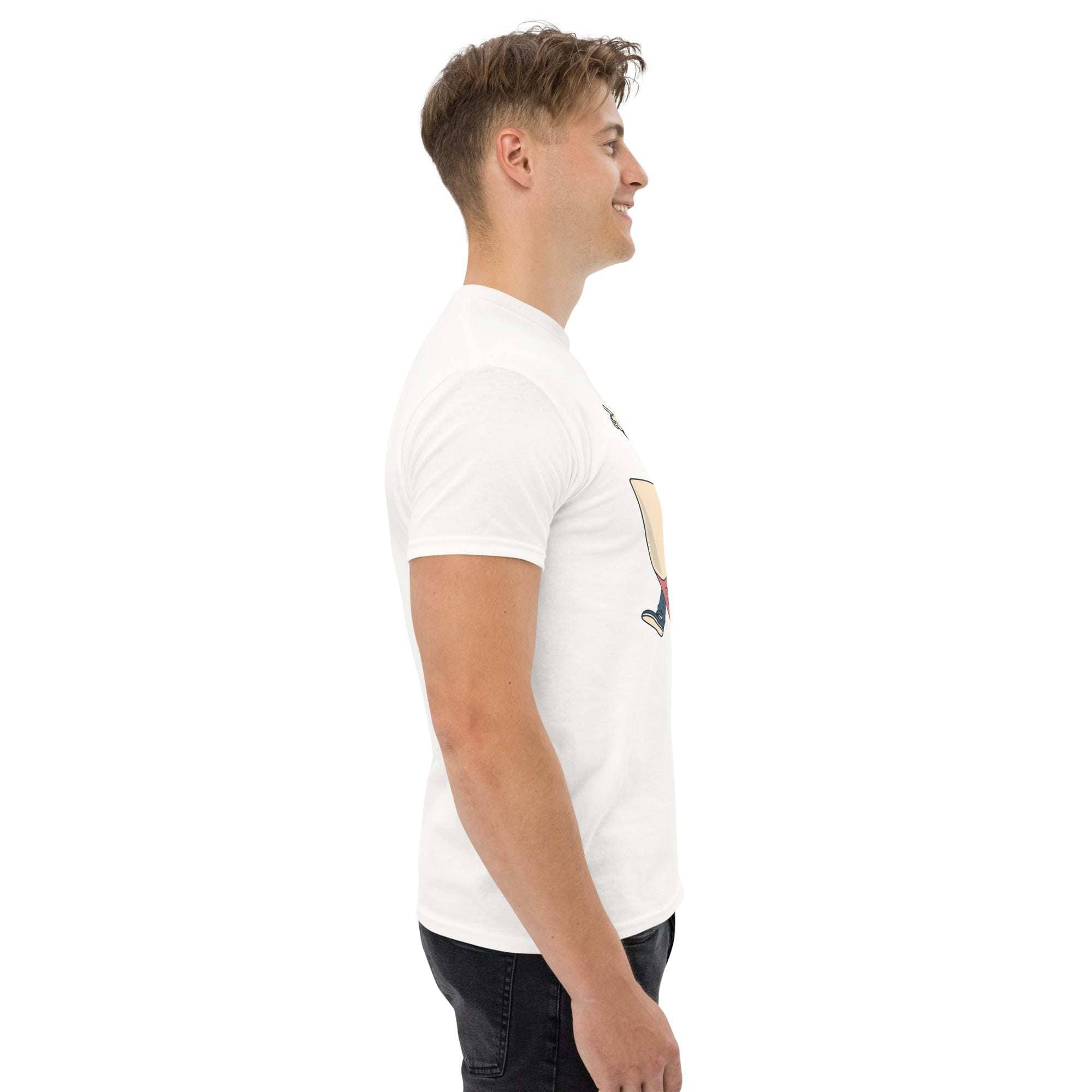 Side view of man wearing white Rocket Ride T-Shirt with retro space adventure graphic and unisex fit