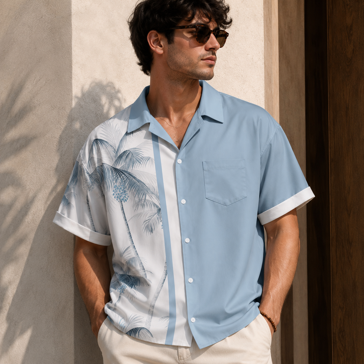 Mens retro bowling camp shirt with floral striped pattern and short sleeves