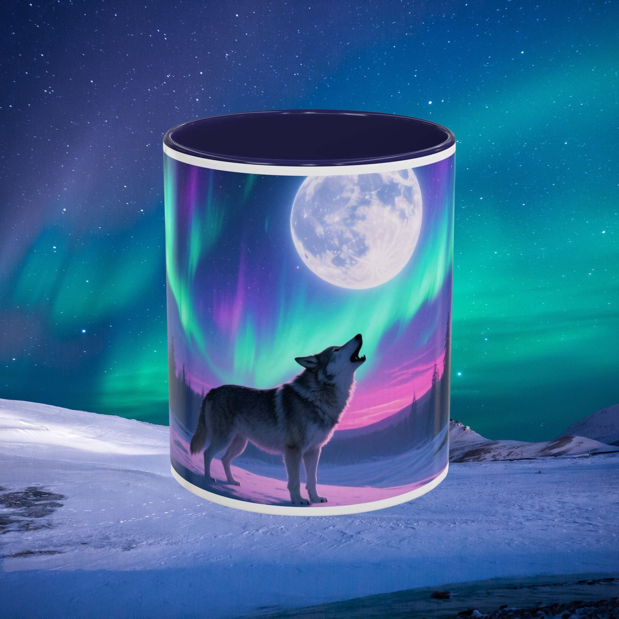 Mug with a wolf and aurora borealis design against a starry night sky