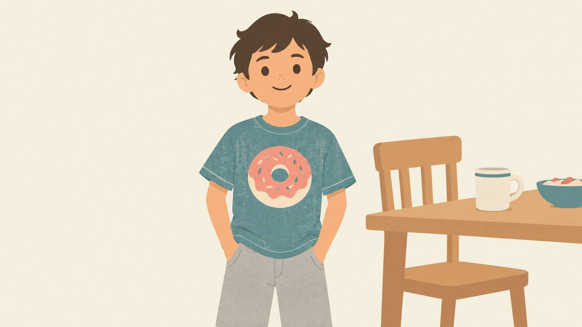 Kids graphic tee featuring a teal blue shirt with a pink frosted donut graphic, worn by a smiling child; Kids Graphic Tees With Attitude
