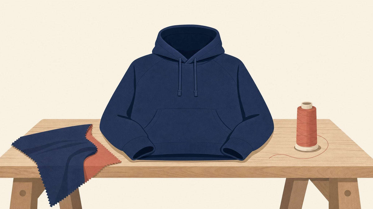 Print-on-Demand Clothing Cost article featuring a navy pullover hoodie with drawstrings and a front kangaroo pocket, fabric swatches and thread.