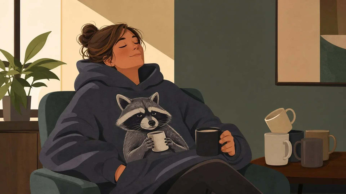Funny Teacher Hoodies: charcoal hoodie with a graphic of a raccoon holding a mug, worn by a woman sitting in a chair.