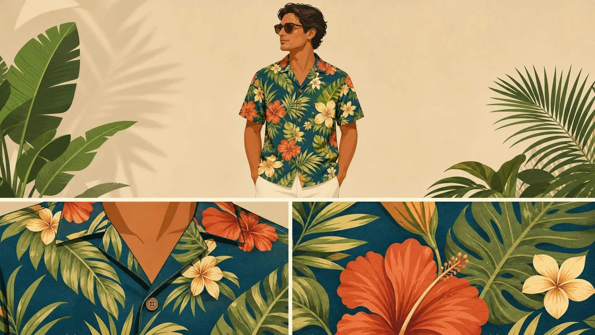 Hawaiian shirt in navy with vibrant tropical flowers and palm leaves, worn buttoned with dark trousers; Style Hawaiian Shirts content.