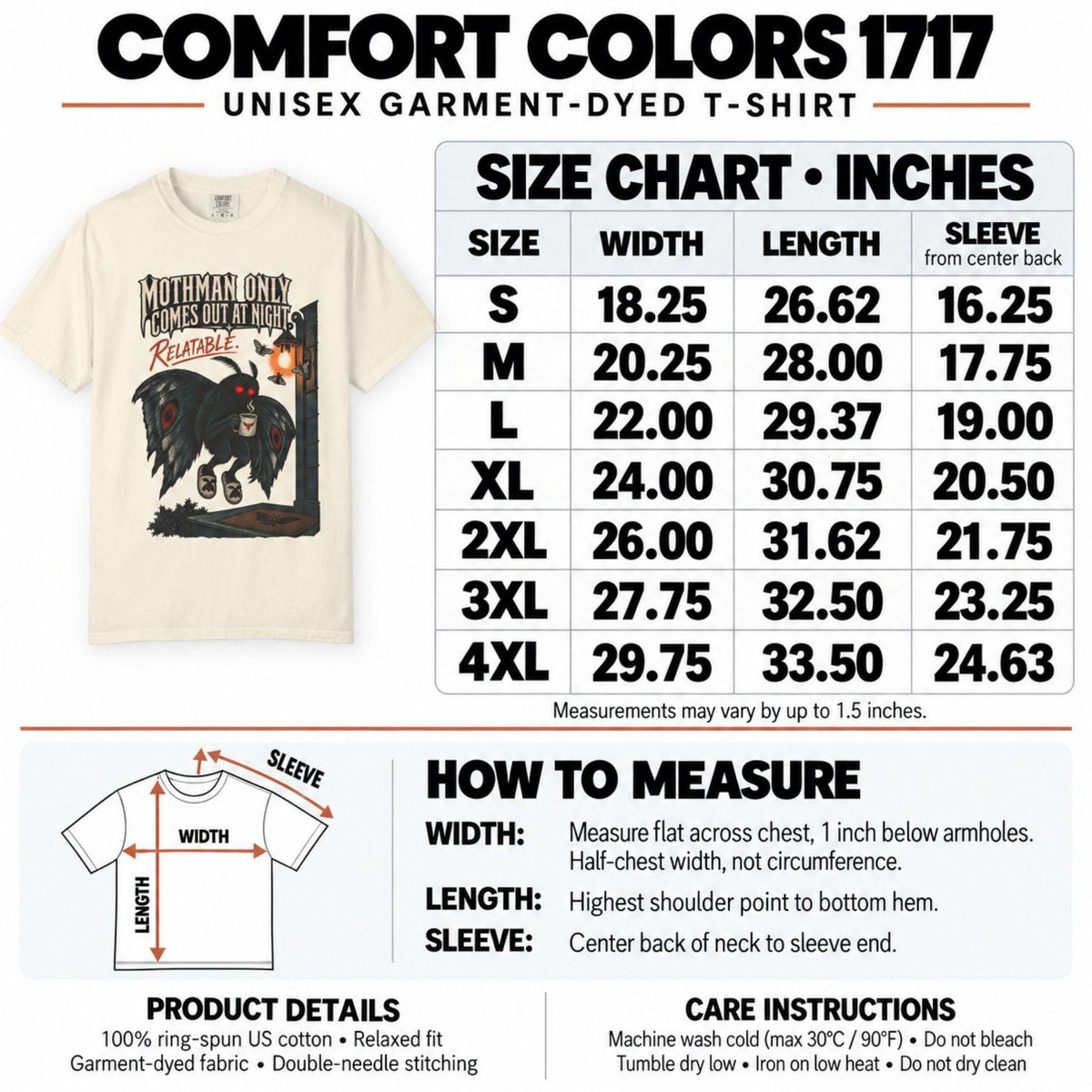 Comfort Colors 1717 size chart with width, length, and sleeve measurements from S to 4XL.