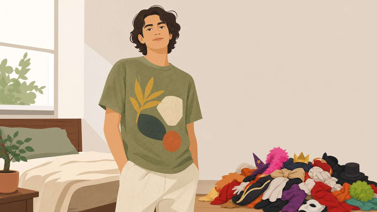 Graphic T-shirt featuring a person in an olive-green top with a colorful abstract botanical print; Halloween Shirt vs Costume style content.