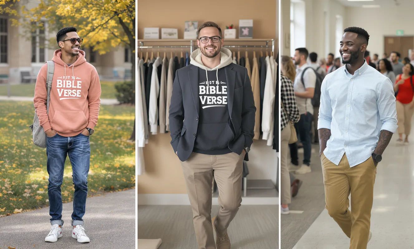 Men wearing Christian hoodies styled for casual, workplace, and event settings showcasing faith-inspired fashion.