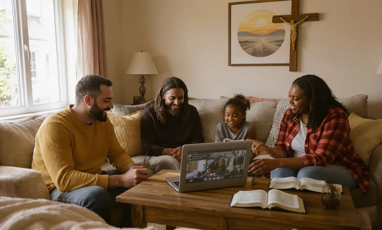 Family engaged in virtual Bible study at home reflecting Christian parenting trends