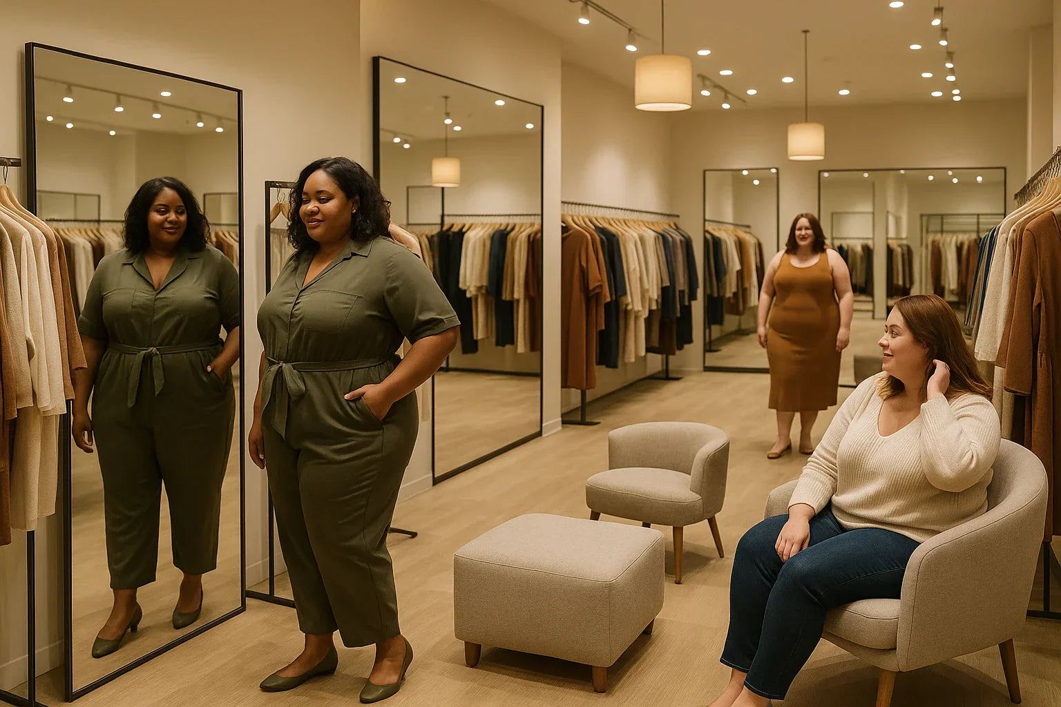 Plus-size woman trying on size inclusive clothing in a boutique fitting room with another seated woman.