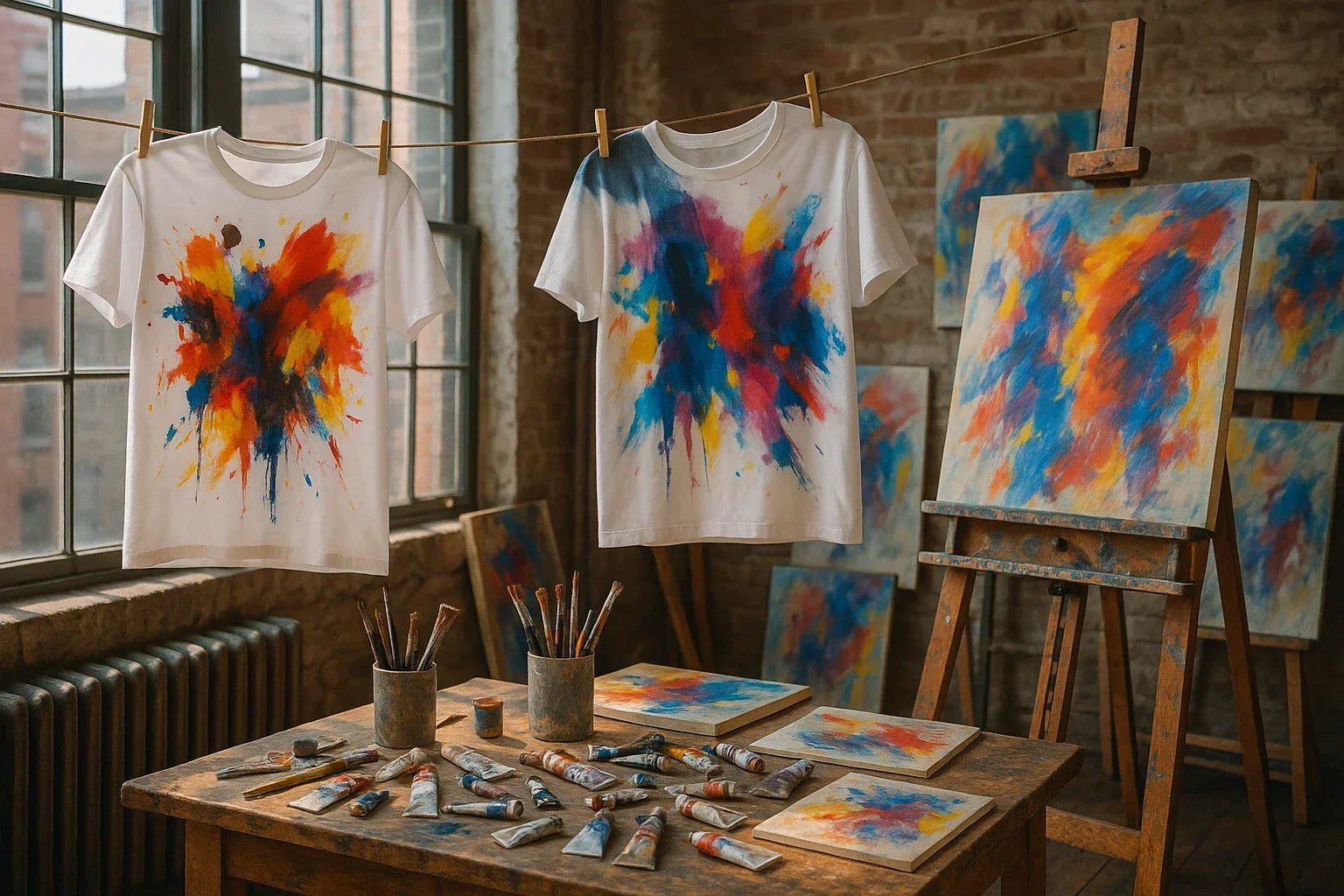 Artistic graphic tees with colorful splatter designs displayed in a creative studio with matching paintings and art supplies.