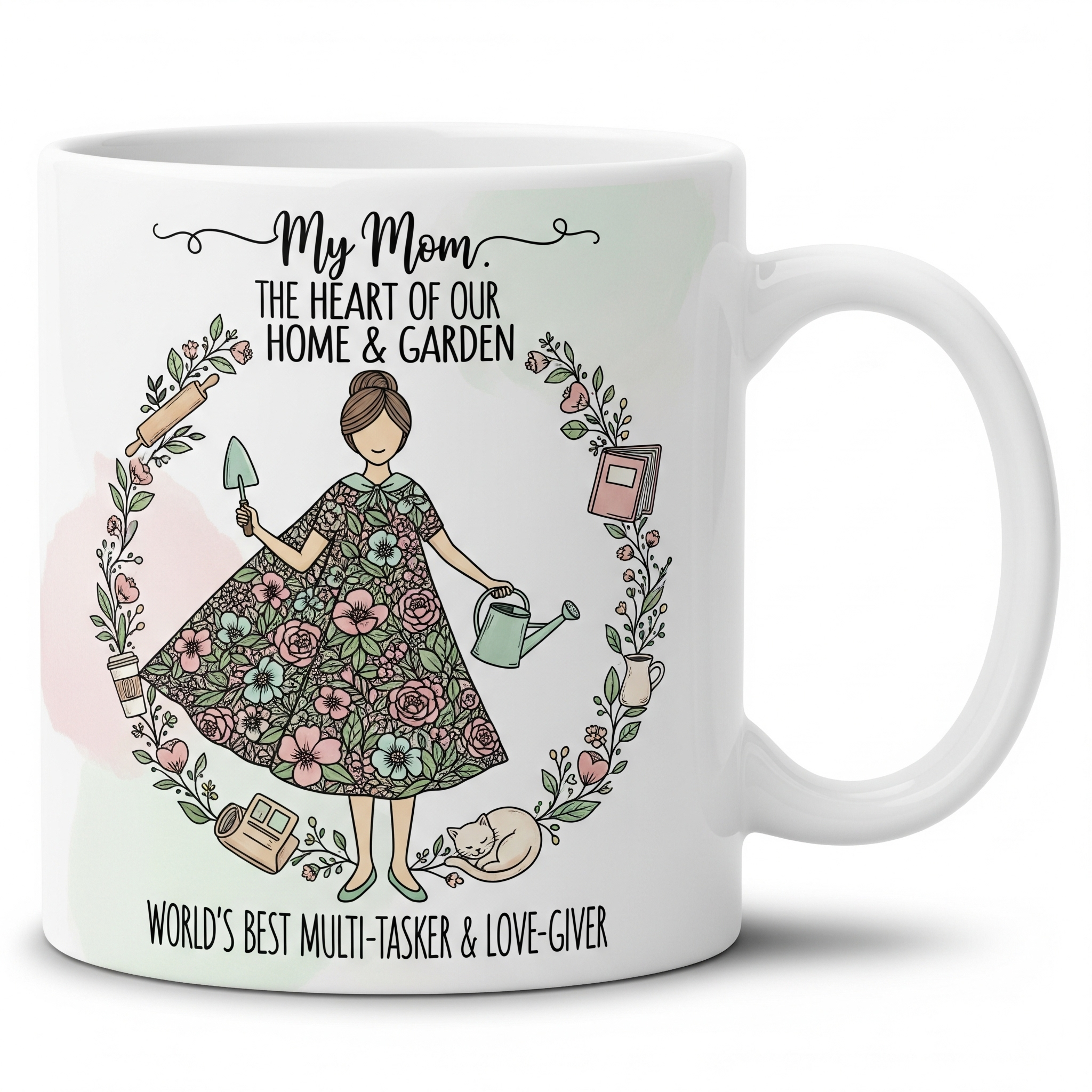 Custom Gift for Mom Mug with pastel floral design and "World’s Best Mom" text on cozy kitchen countertop