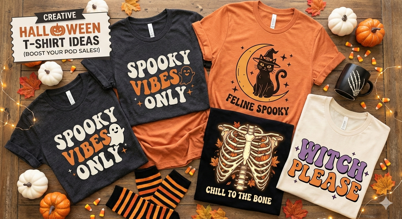 Halloween t-shirt print on demand planning scene with family-friendly vibe and cozy home office setup