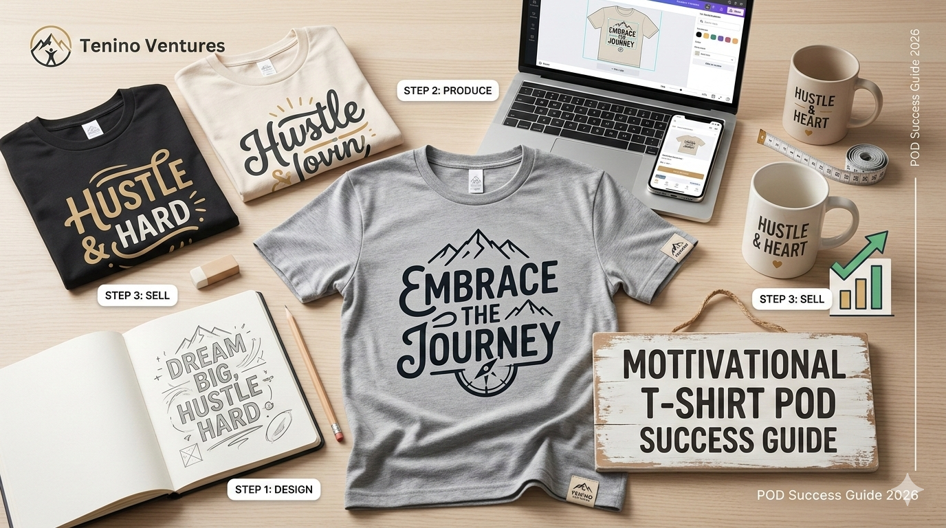 Bright home office desk with laptop showing Google Trends chart, notebook with motivational quote ideas, and a motivational quote t-shirt beside a coffee mug.