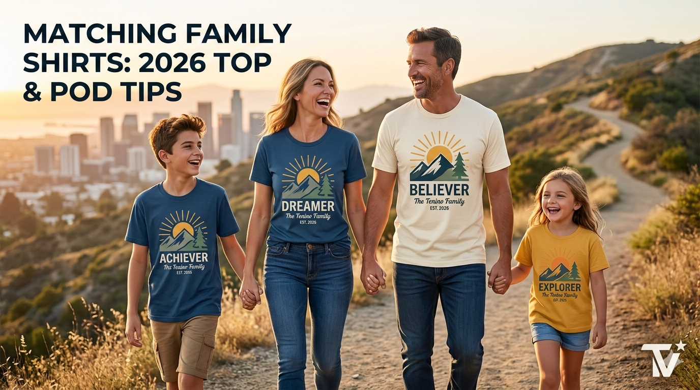 Multigenerational family wearing matching family shirts around a backyard picnic table with sunlight and a wooden family-name sign in the background