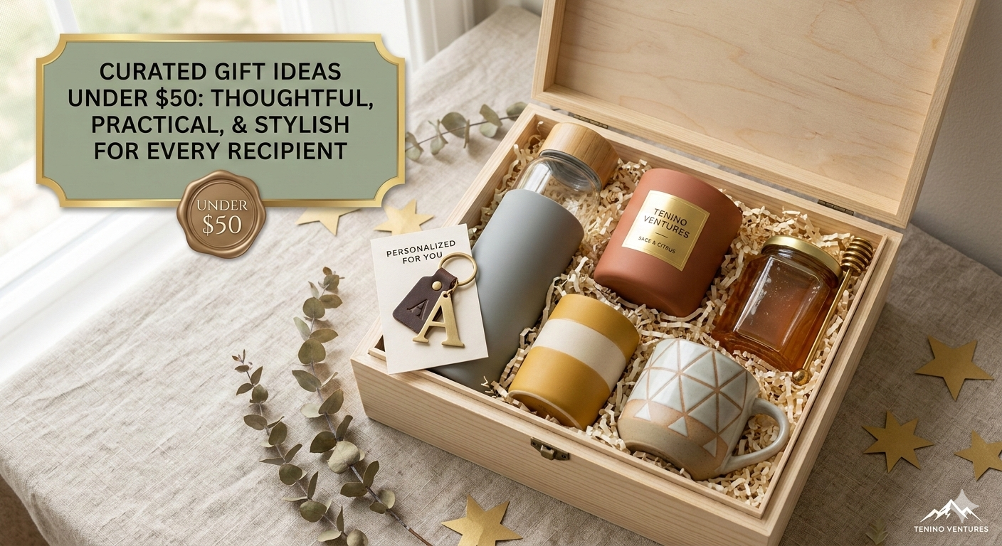 Stylish presents under $50 including camping hammock, MagSafe phone case, couple necklace, slushy maker cup, cozy hoodies, massage gun, stainless steel tumbler, posture corrector, motivational apparel, and teacher gifts from TeninoVentures.