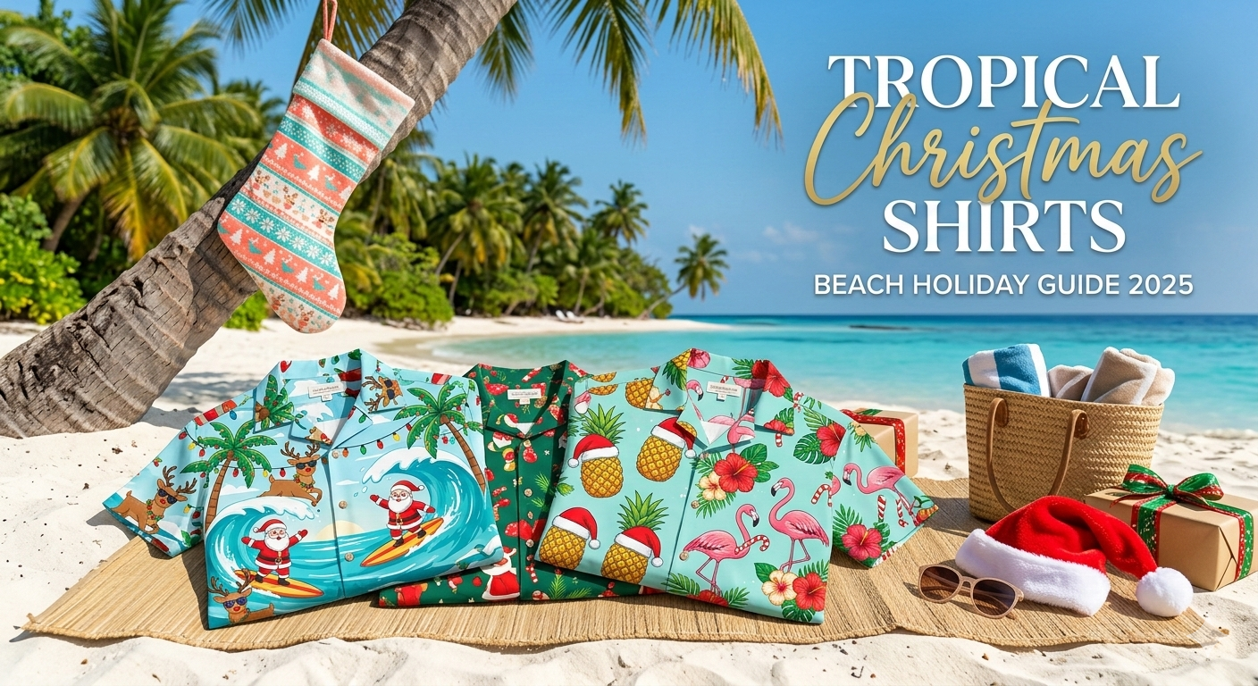 Black tropical Christmas shirt with vibrant palm tree and sunset graphic for beach holiday 2025