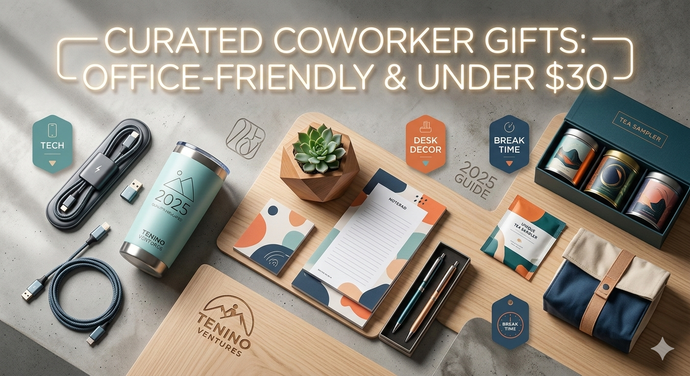 Collection of office-friendly coworker gift ideas under $30 including apparel and accessories from TeninoVentures
