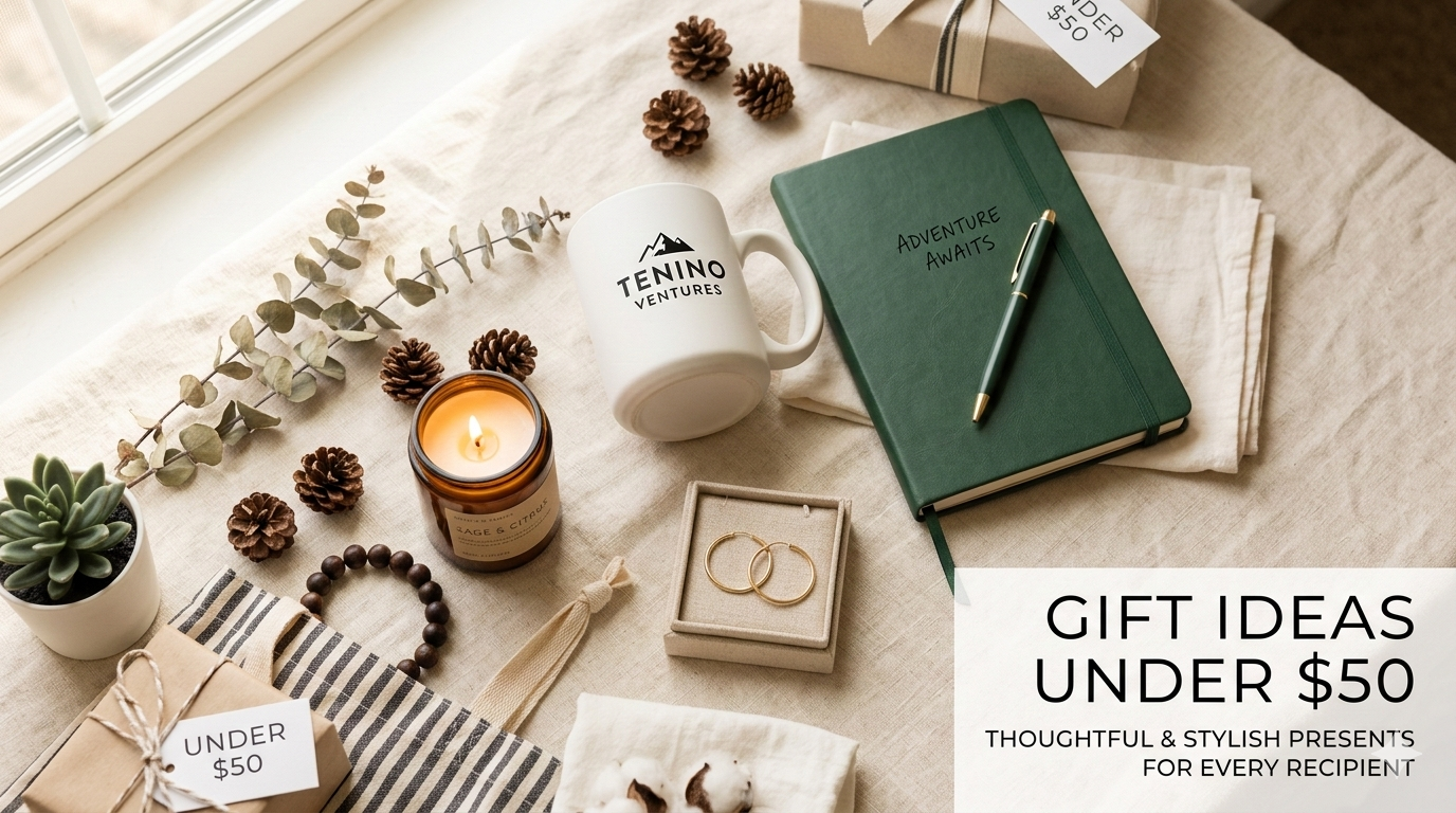 Collection of personalized gift ideas under $50 featuring tees, journals, and phone cases with quality print-on-demand craftsmanship