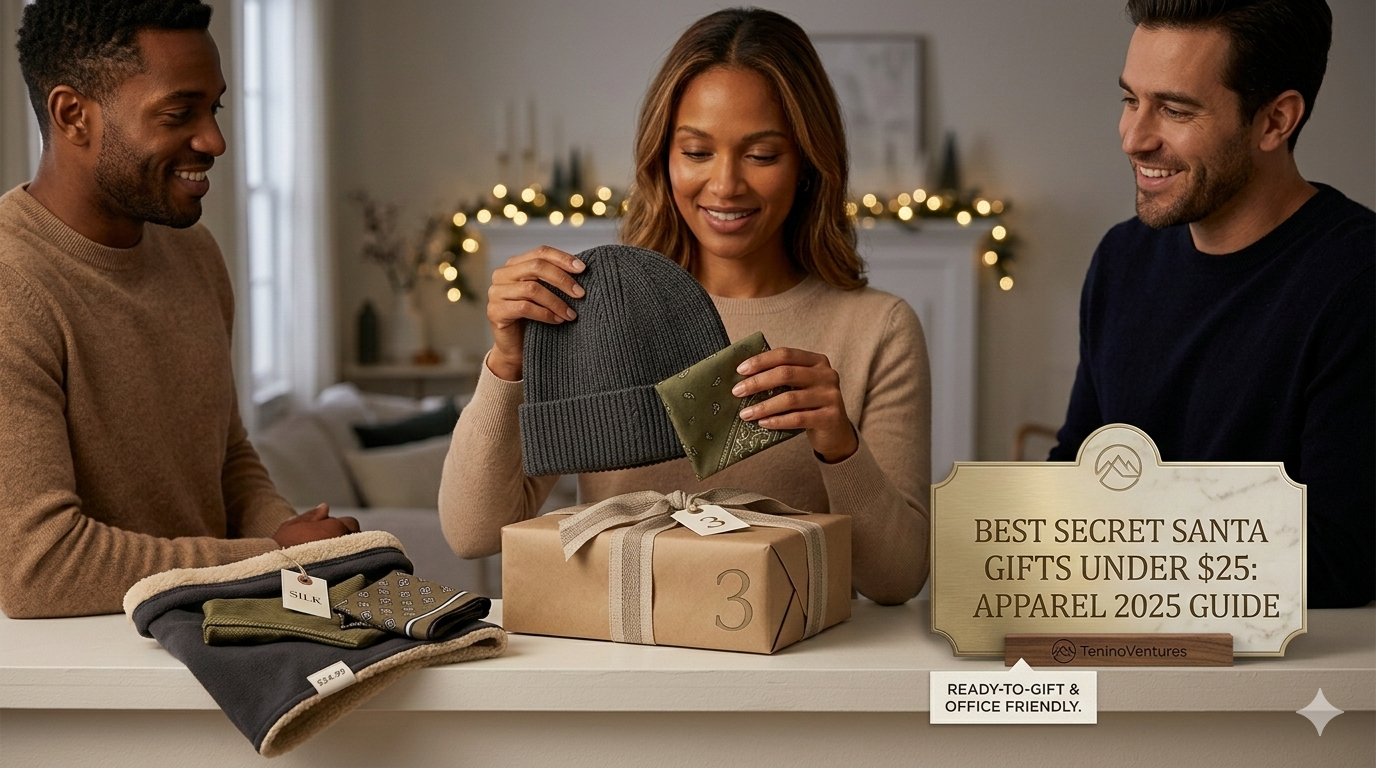 Secret Santa gifts under $25 featuring quality apparel like knit beanies, scarves, slipper socks, and pocket squares with luxury craftsmanship details