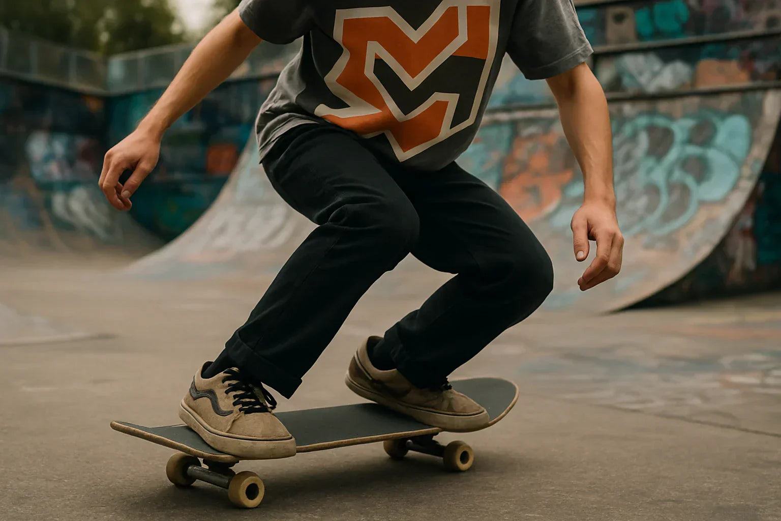 Young skateboarder wearing a graphic tee with a bold design performing a trick at a graffiti-covered skatepark