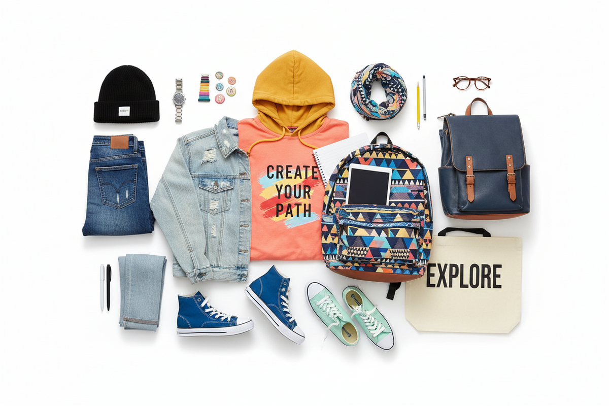 Back-to-School Clothing includes a colorful hoodie, denim jacket, jeans, sneakers, backpacks, beanie and accessories laid out together.