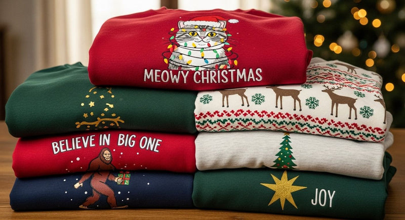 Stack of colorful Christmas sweatshirts with festive designs including a cat in holiday lights, reindeer, and holiday messages
