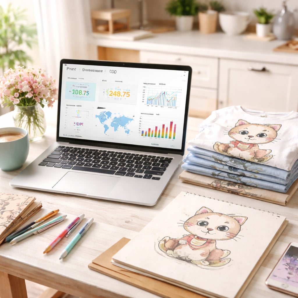 Photorealistic kitchen table with laptop showing POD dashboard, cartoon sketch, and printed t-shirts for custom cartoon t-shirt print on demand business setup