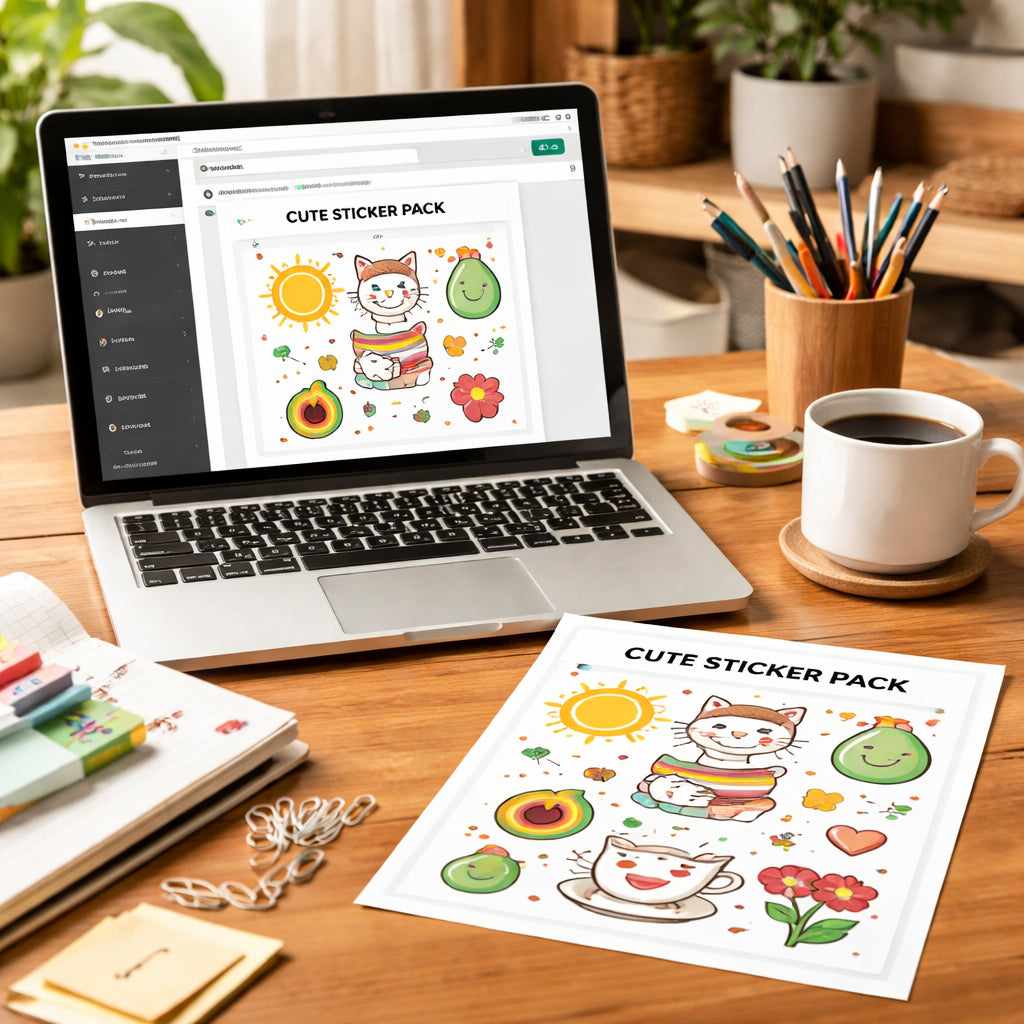 A photorealistic scene of a home office desk with a laptop open to a custom sticker pack design page, a printed sticker pack beside it, and a cup of coffee. Alt: custom sticker pack print on demand workspace.