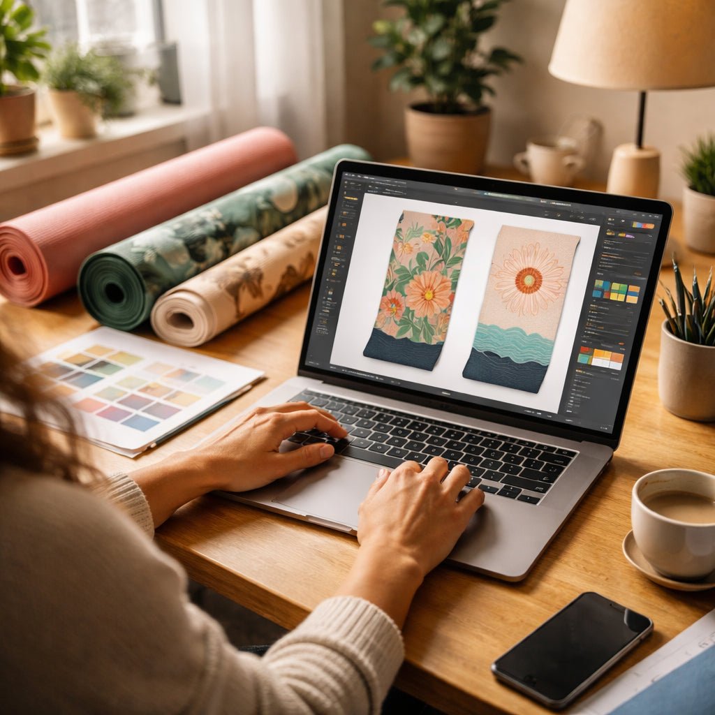 Designer working on custom yoga mat print on demand designs on laptop in a bright studio