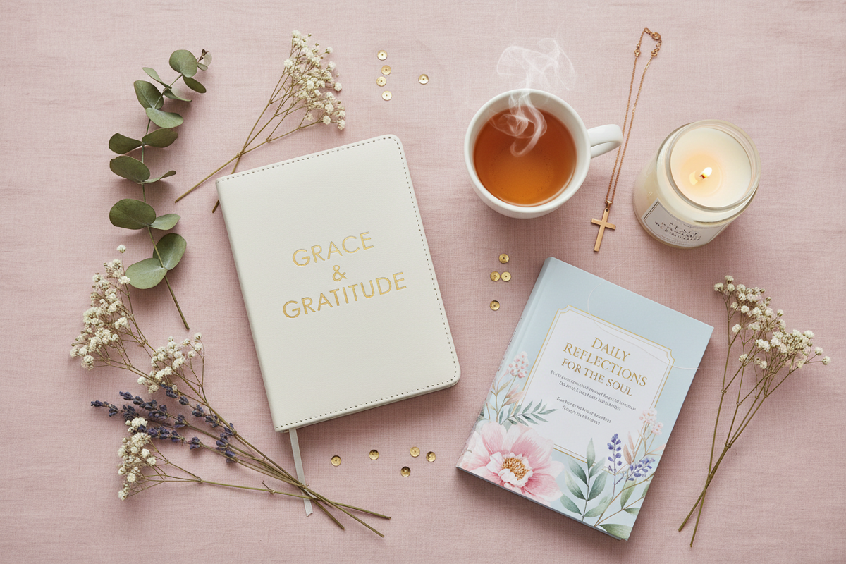 Devotional Gifts for Women include a cream gratitude journal and pastel floral reflection book with gold lettering, tea and candle
