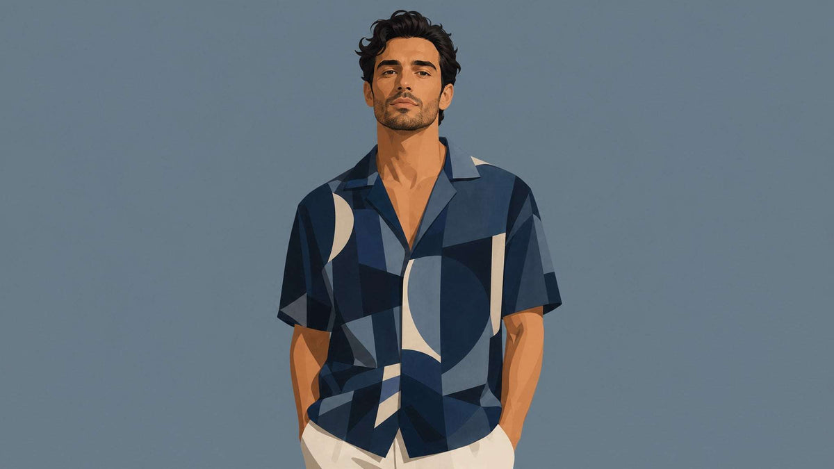 Camp-collar shirt in navy and slate blue with an oversized geometric patchwork print, styled with Hawaiian Shirts Without Tropical Prints.