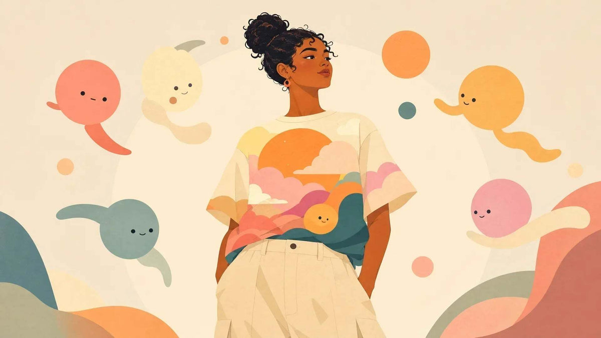 Kawaii Tees: cream graphic T-shirt with a colorful sunset landscape and playful floating cartoon faces, worn with beige trousers.