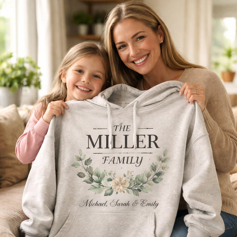 A photorealistic scene of a mother and child holding a custom family name hoodie, soft natural lighting, realistic fabric texture, warm home setting. Alt: family name hoodie print on demand example.