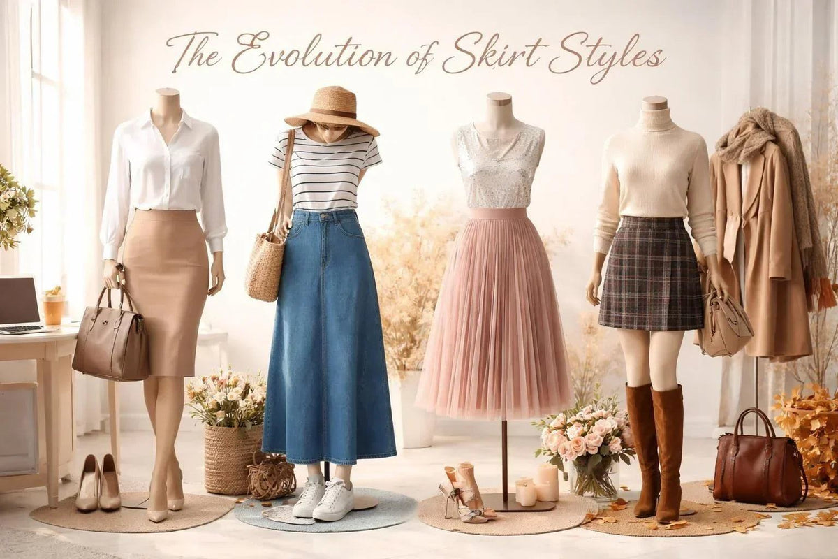 Skirt Styles display with a blue denim midi, blush pleated tulle, and brown plaid skirts on mannequins, paired with neutral tops and accessories.