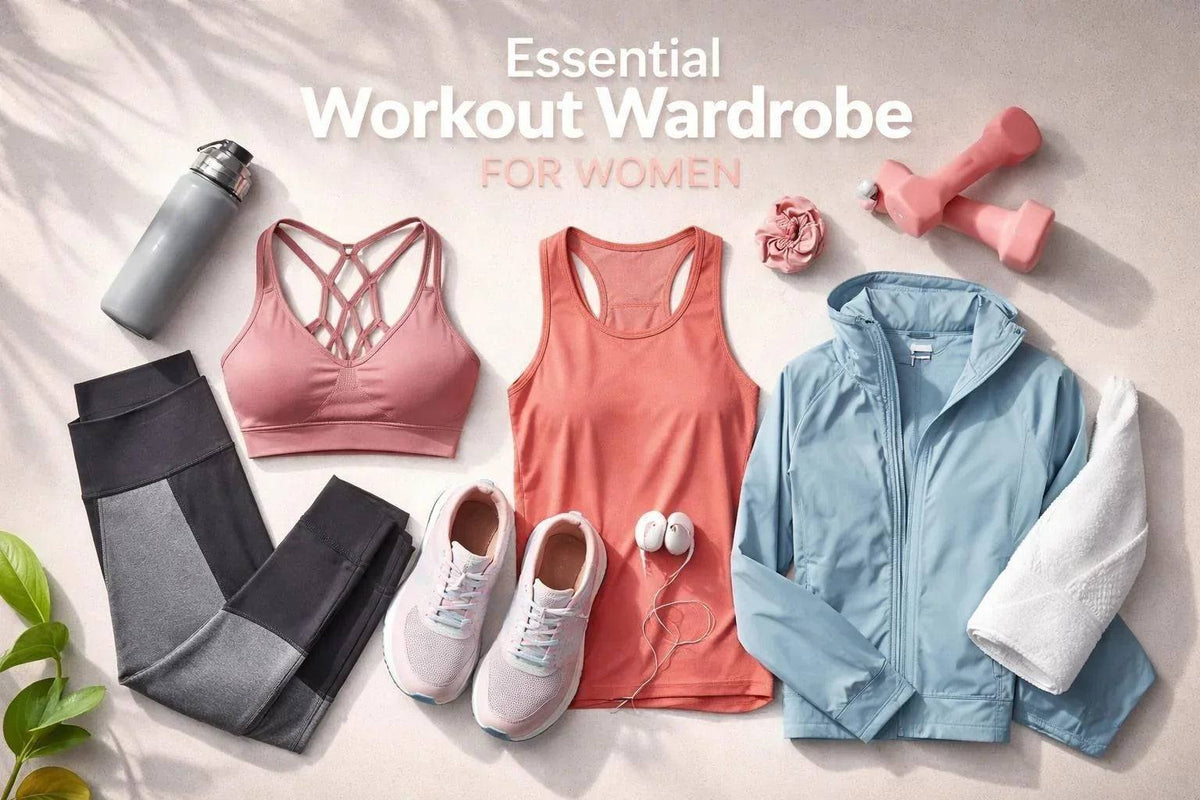 Women's Gym Wear collection featuring pink sports bras, coral tank, gray leggings, blue jacket, and white trainers laid out together.