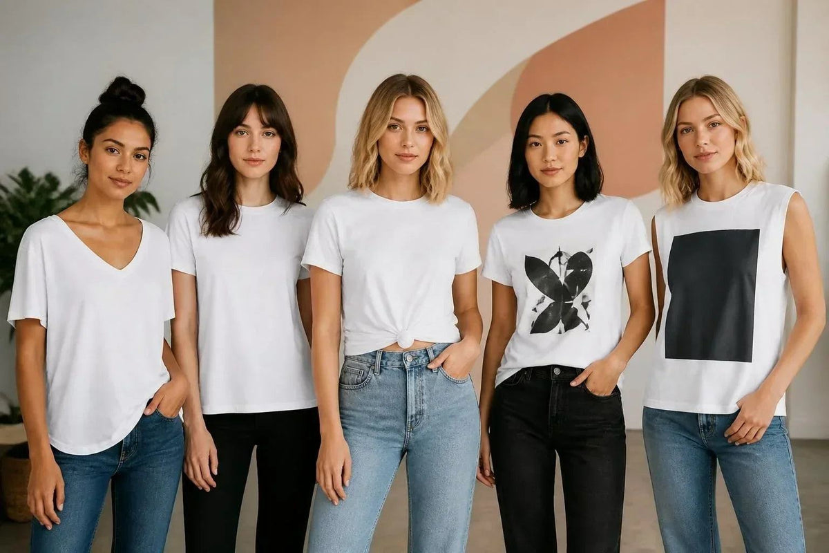 T-Shirt Design Ideas for Women shown on five white cotton tees, including V-neck, plain, heart graphic and black square print styles.