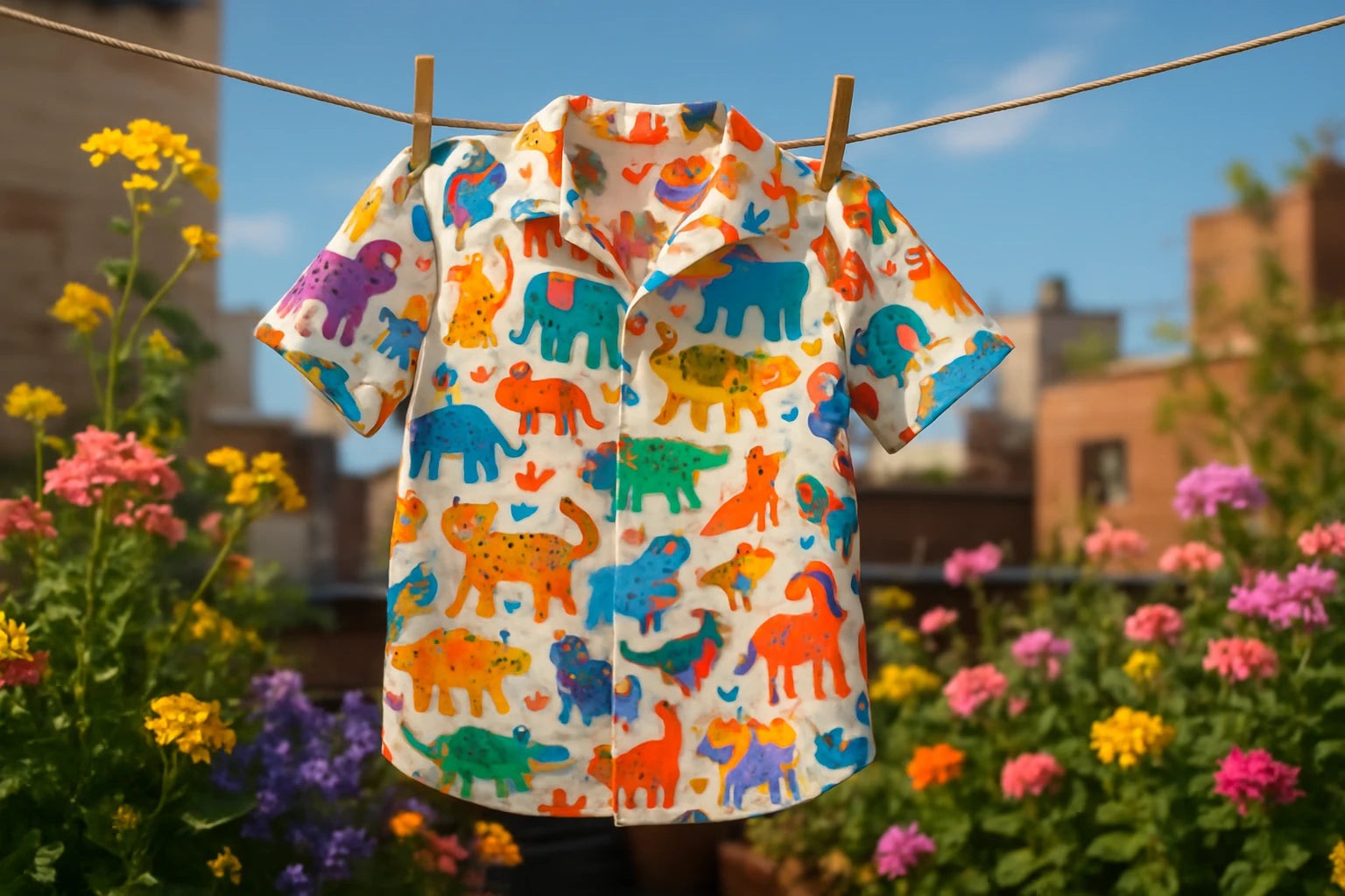 Vibrant joyful graphic shirt with multicolored sunburst pattern displayed at outdoor market surrounded by greenery and shoppers