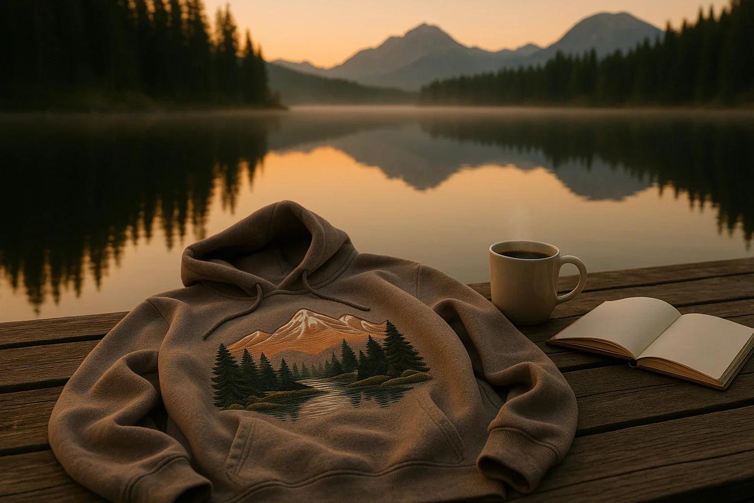 Custom cozy hoodies with unique embroidered designs hanging on a wooden rack in a sunlit boutique surrounded by green plants