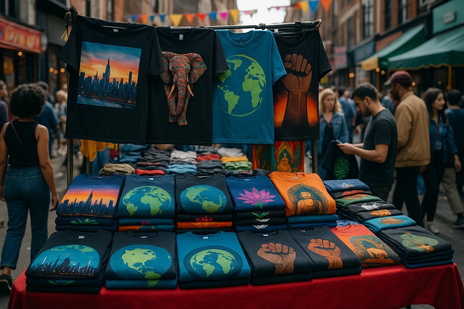 Graphic tees with bold vintage band logos and colorful designs hanging on a sunny backyard clothesline surrounded by greenery and wildflowers