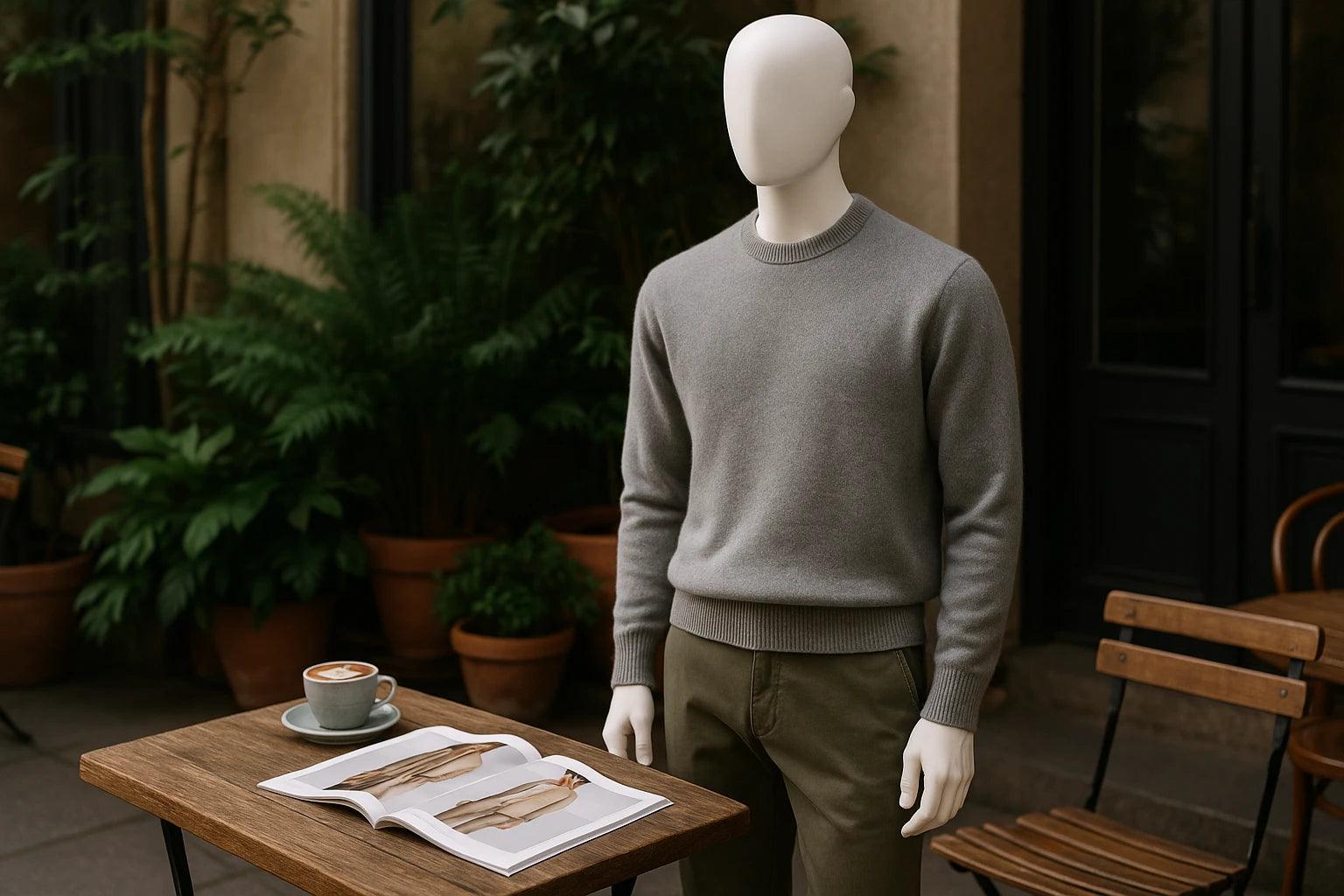 Neatly organized wardrobe showcasing premium casual wear with elegant blazers, soft cotton shirts, and tailored pants in muted tones on wooden hangers under warm lighting