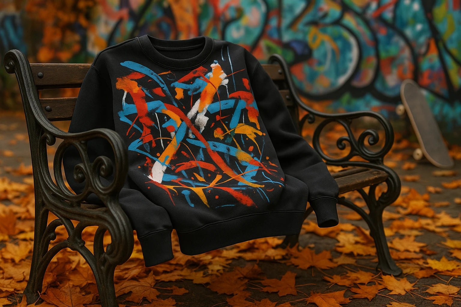 Vibrant unique graphic sweatshirt with abstract geometric patterns hanging on a rustic wooden fence amid a sunlit forest path background