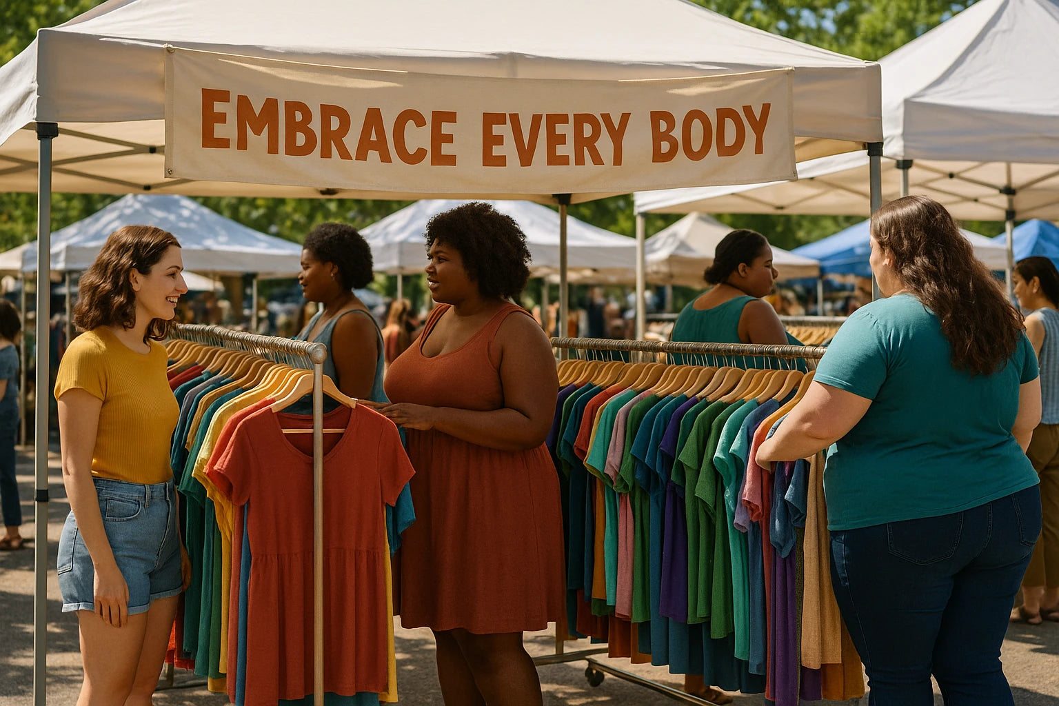 Storefront display with mannequins featuring size inclusive clothing in various colors and patterns against an urban background