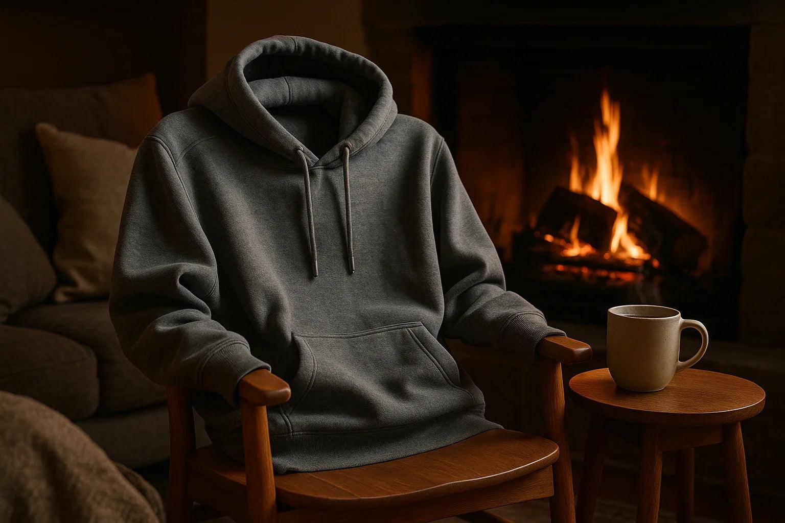 Stack of vibrant custom cozy hoodies with unique designs on a rustic wooden bench outdoors in autumn