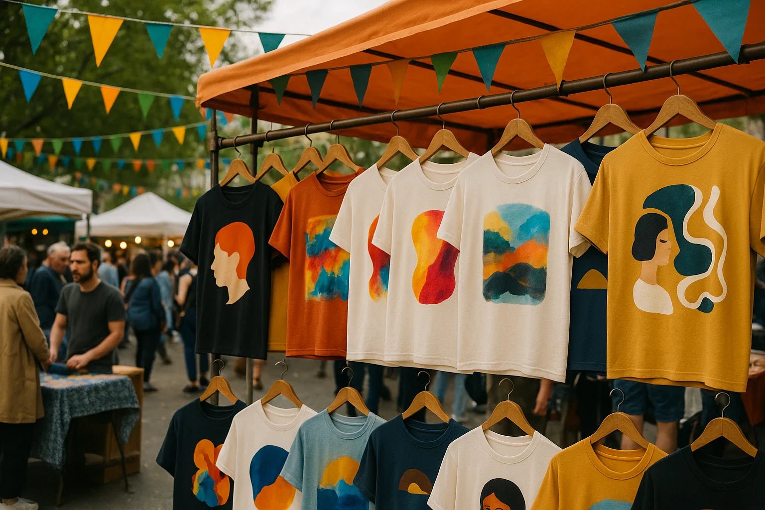 Tailor's workshop with vibrant fabric rolls, sewing machine, and designer sketching customized t-shirt patterns