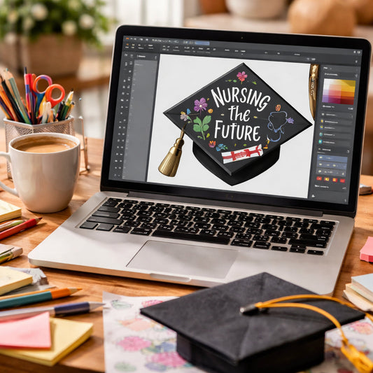 A photorealistic scene of a laptop screen showing graduation cap design software with vector tools, a coffee mug nearby, and a graduate cap mockup, Realism style, appealing to moms, dads, teachers, and nurses.